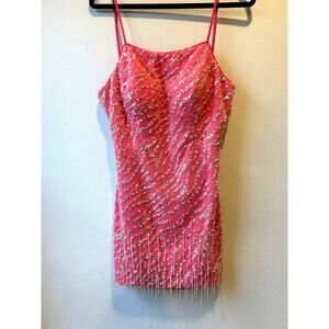 Blush Pink Sequin Fringe Mini Dress Open Back Size 12